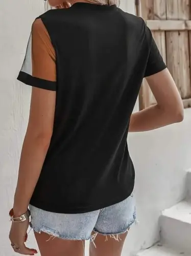 Kadın Kısa Kollu Tül Detaylı Taşlı Janjan Krep Bluz - 5