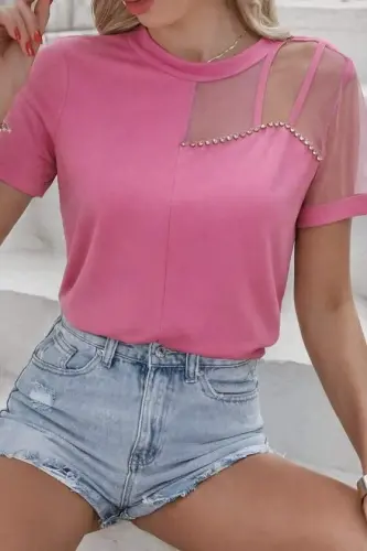 Kadın Kısa Kollu Tül Detaylı Taşlı Janjan Krep Bluz - 1