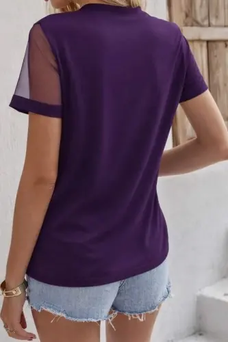 Kadın Kısa Kollu Tül Detaylı Taşlı Janjan Krep Bluz - 3