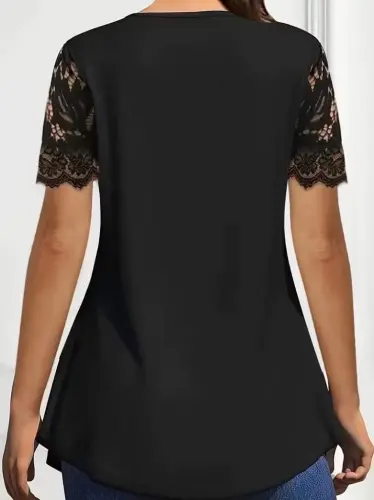 Kadın Kısa Kollu V Dantel Yakalı Düğmeli Viskon Bluz - 2