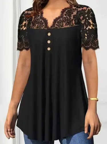Kadın Kısa Kollu V Dantel Yakalı Düğmeli Viskon Bluz - 3