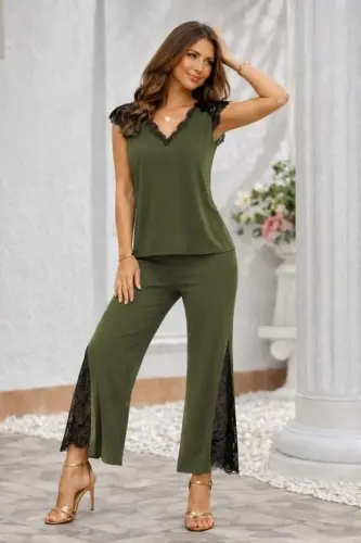 Kadın Kısa Kollu V Dantel Yakalı Sandy Bluz Pantolon Ikili Takım - 3
