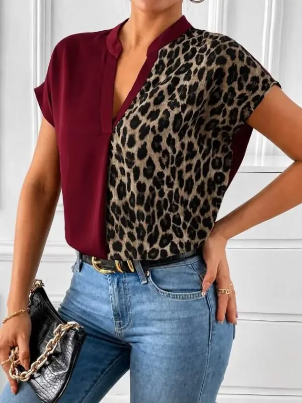 Kadın Kısa Kollu V Hakim Yakalı Leopar Desenli Sandy Bluza - 3