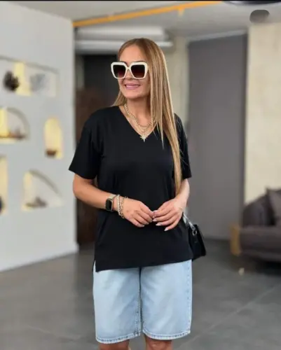 Kadın Kısa Kollu V Yaka Bluz - 1