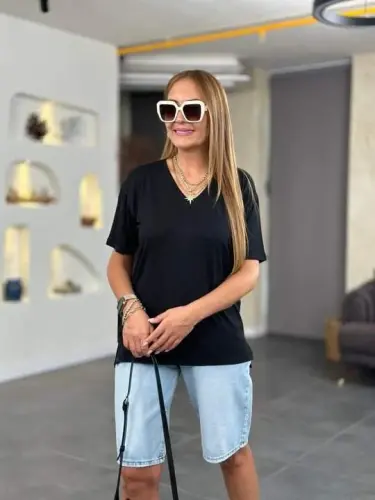 Kadın Kısa Kollu V Yaka Bluz - BÜYÜKBEDENIZ (1)