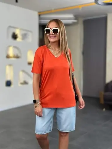 Kadın Kısa Kollu V Yaka Bluz - 3
