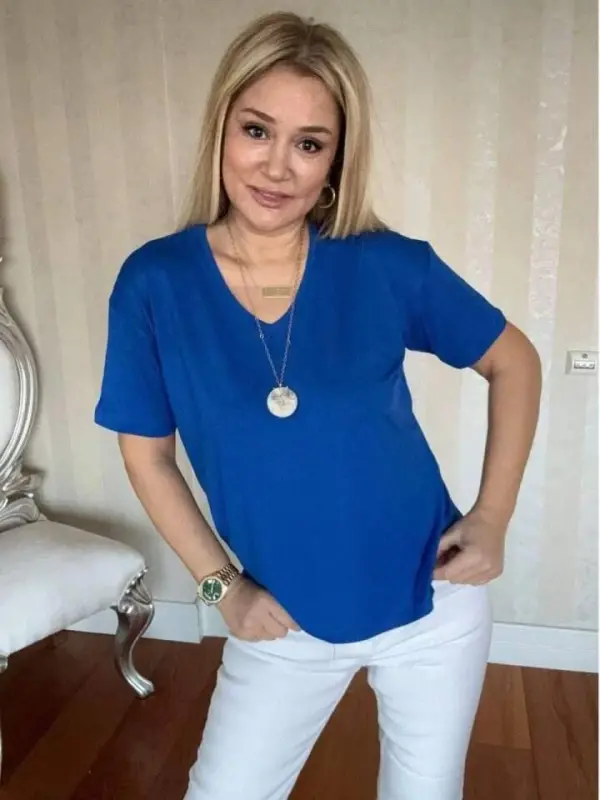 Kadın Kısa Kollu V Yaka Bluz - BÜYÜKBEDENIZ