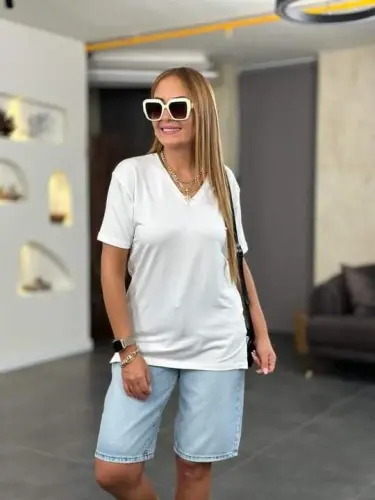 Kadın Kısa Kollu V Yaka Bluz - 4