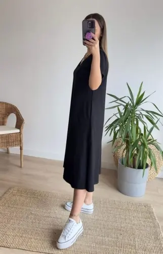 Kadın Kısa Kollu V Yaka Cepli A Kesim Detaylı Viskon Elbise - 4