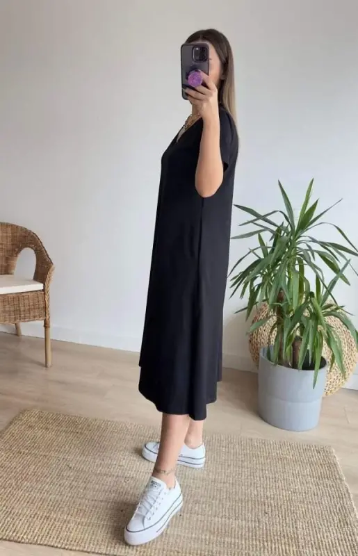 Kadın Kısa Kollu V Yaka Cepli A Kesim Detaylı Viskon Elbise - 4