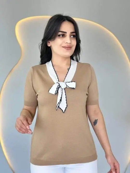 Kadın Kısa Kollu V Yaka Fular Detay Merserize Triko Bbluz - BÜYÜKBEDENIZ