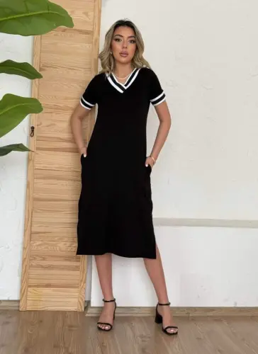 Kadın Kısa Kollu V Yaka Kol Ve Yaka Ribana Detay Midi Boy Viskon Elbise - 1