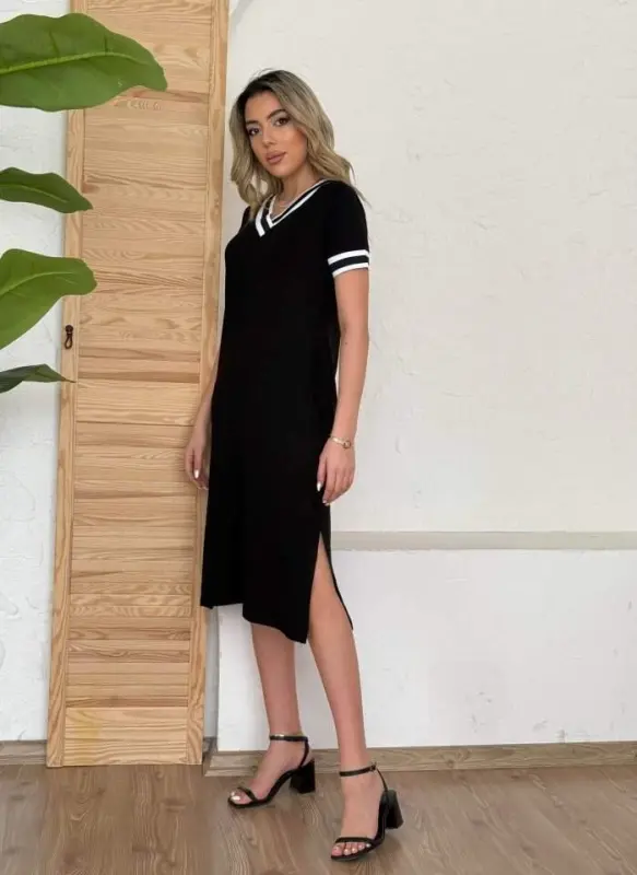 Kadın Kısa Kollu V Yaka Kol Ve Yaka Ribana Detay Midi Boy Viskon Elbise - 2