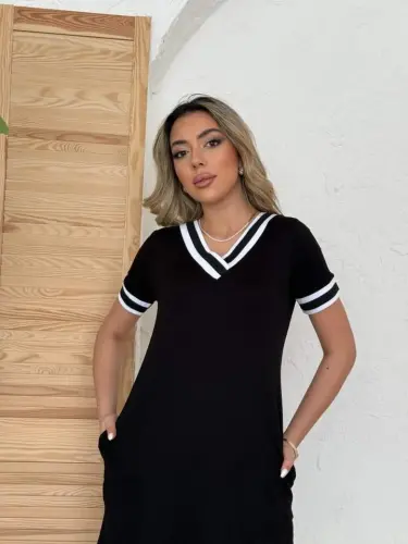 Kadın Kısa Kollu V Yaka Kol Ve Yaka Ribana Detay Midi Boy Viskon Elbise - 7