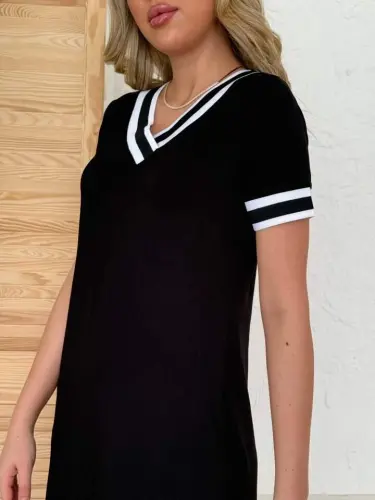 Kadın Kısa Kollu V Yaka Kol Ve Yaka Ribana Detay Midi Boy Viskon Elbise - 6