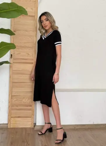 Kadın Kısa Kollu V Yaka Kol Ve Yaka Ribana Detay Midi Boy Viskon Elbise - BÜYÜKBEDENIZ (1)