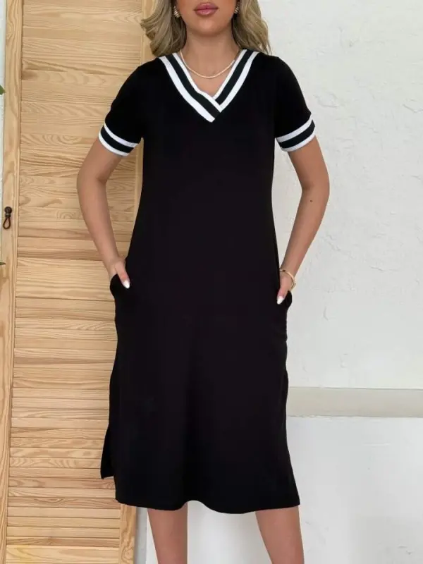 Kadın Kısa Kollu V Yaka Kol Ve Yaka Ribana Detay Midi Boy Viskon Elbise - 3