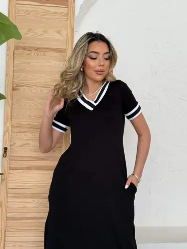 Kadın Kısa Kollu V Yaka Kol Ve Yaka Ribana Detay Midi Boy Viskon Elbise - 4