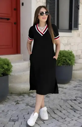 Kadın Kısa Kollu V Yaka Ribana Detay Midiboy Viskon Elbise - 1