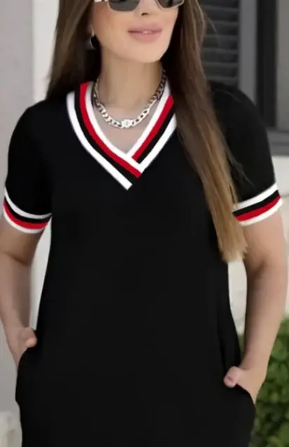 Kadın Kısa Kollu V Yaka Ribana Detay Midiboy Viskon Elbise - 2