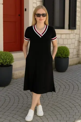 Kadın Kısa Kollu V Yaka Ribana Detay Midiboy Viskon Elbise - 5