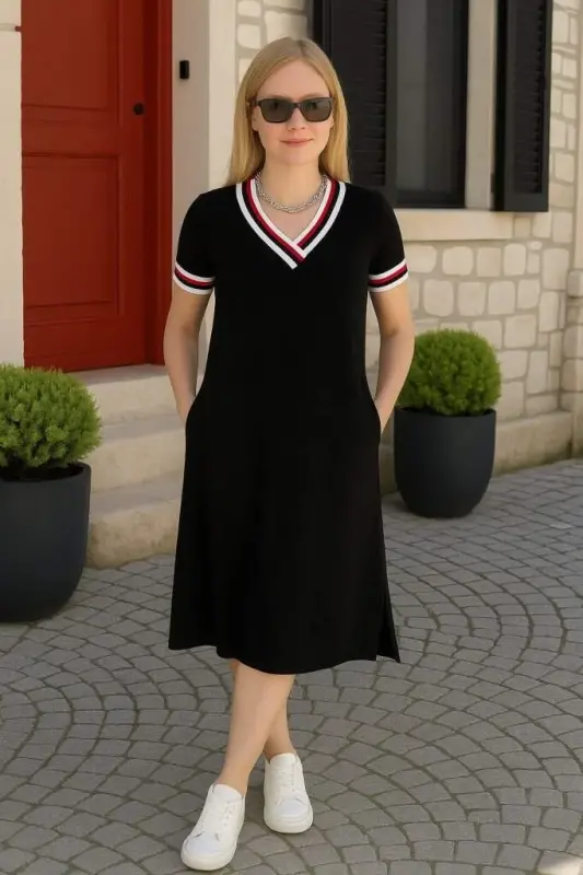 Kadın Kısa Kollu V Yaka Ribana Detay Midiboy Viskon Elbise - 5