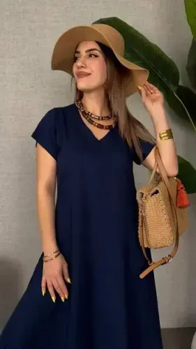 Kadın Kısa Kollu V Yaka Salaş Maxi Boy Elbise - 3