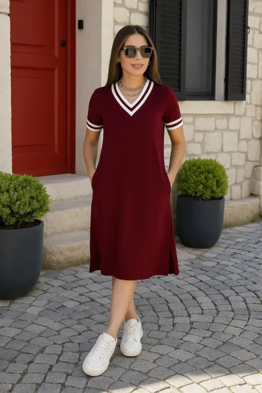 Kadın Kısa Kollu V Yaka Ve Yaka Ribana Detay Midiboy Viskon Elbise - BÜYÜKBEDENIZ