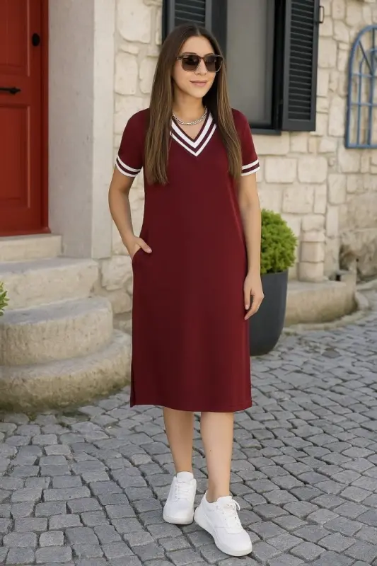 Kadın Kısa Kollu V Yaka Ve Yaka Ribana Detay Midiboy Viskon Elbise - 3