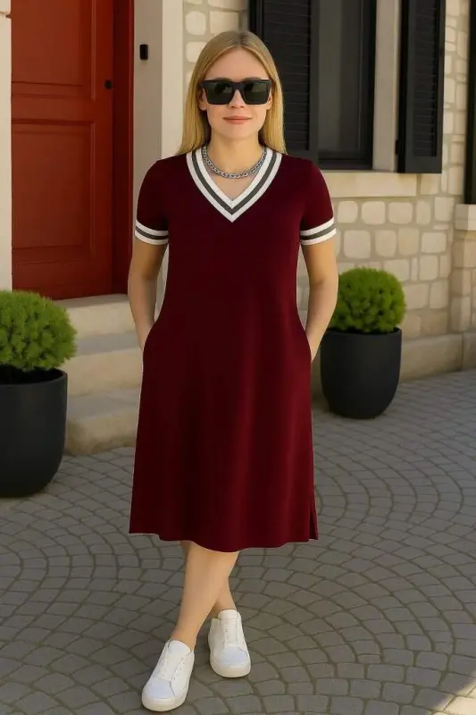 Kadın Kısa Kollu V Yaka Ve Yaka Ribana Detay Midiboy Viskon Elbise - 5