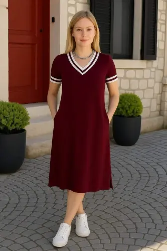 Kadın Kısa Kollu V Yaka Ve Yaka Ribana Detay Midiboy Viskon Elbise - 6