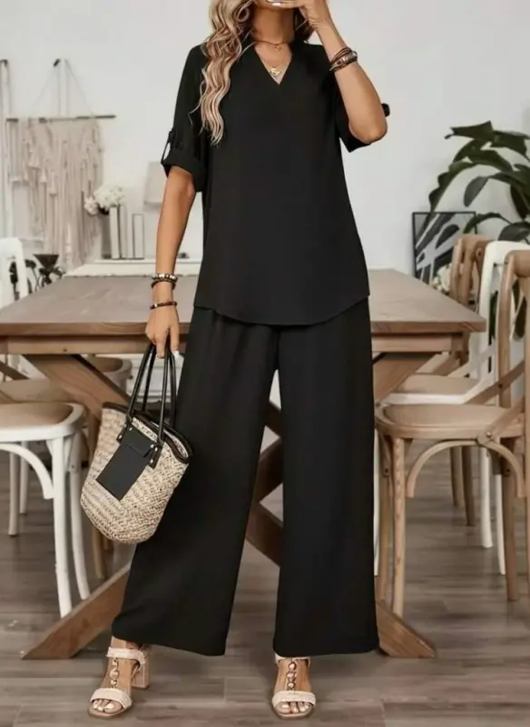 Kadın Kısa Kollu V Yakalı Aerobin Bluz Ve Pantolon Ikili Takım - 1