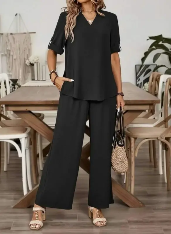 Kadın Kısa Kollu V Yakalı Aerobin Bluz Ve Pantolon Ikili Takım - 2