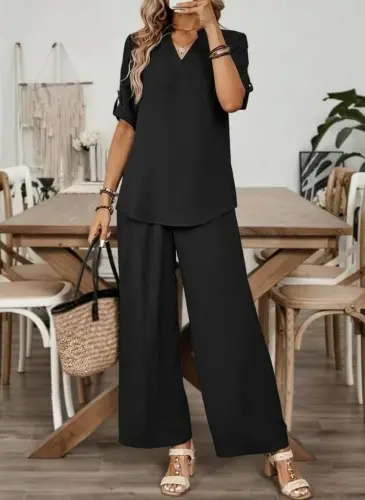 Kadın Kısa Kollu V Yakalı Aerobin Bluz Ve Pantolon Ikili Takım - 3