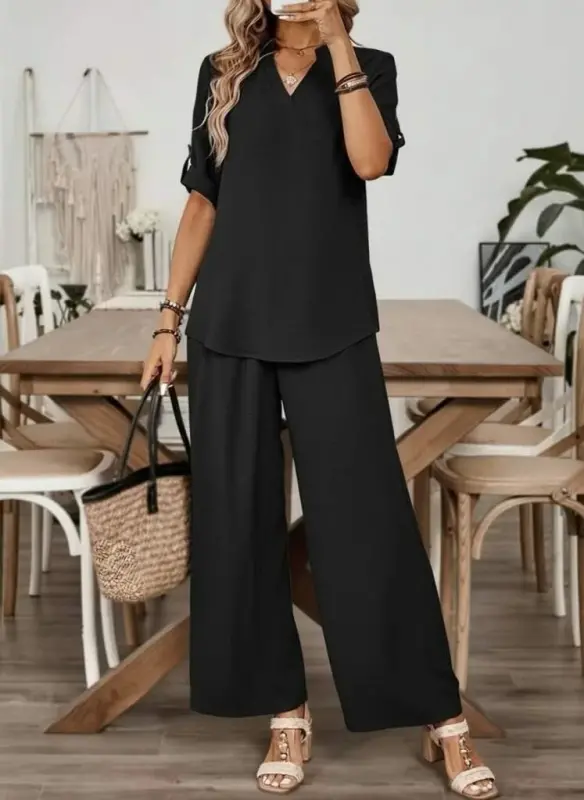 Kadın Kısa Kollu V Yakalı Aerobin Bluz Ve Pantolon Ikili Takım - 3