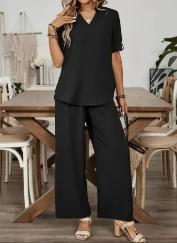 Kadın Kısa Kollu V Yakalı Aerobin Bluz Ve Pantolon Ikili Takım - 5