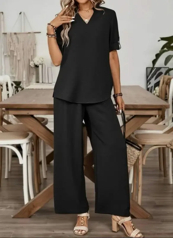 Kadın Kısa Kollu V Yakalı Aerobin Bluz Ve Pantolon Ikili Takım - 5