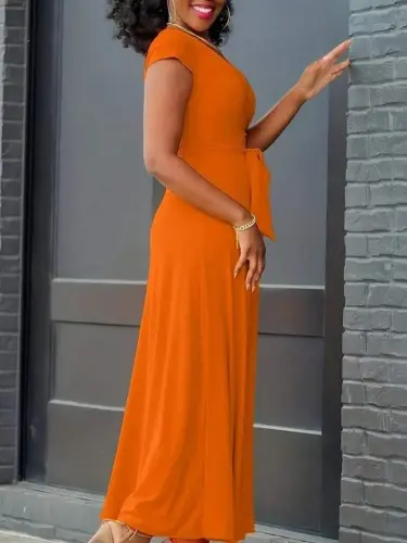 Kadın Kısa Kollu V Yakalı Belden Kuşaklı Maksi Boy Viskon Elbise - 4