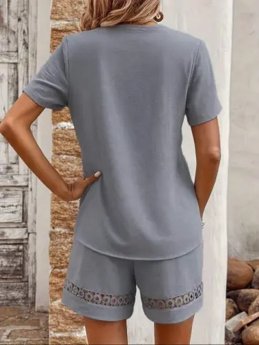 Kadın Kısa Kollu V Yakalı Bluz Ve Short Ikili Takım - BÜYÜKBEDENIZ (1)