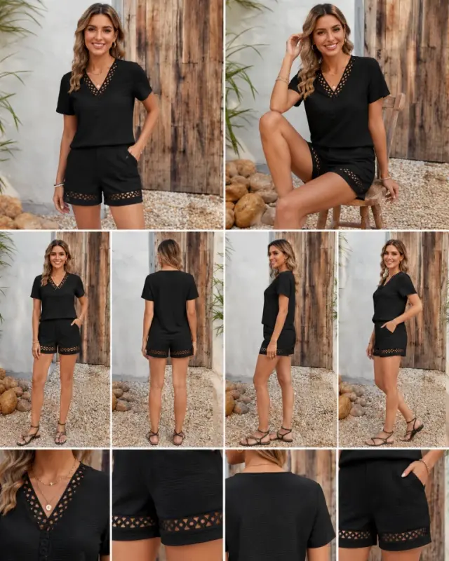 Kadın Kısa Kollu V Yakalı Bluz Ve Short Ikili Takım - 8