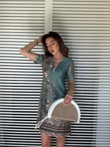 Kadın Kısa Kollu V Yakalı çiçek Baskılı Midi Süprem Elbise - 4