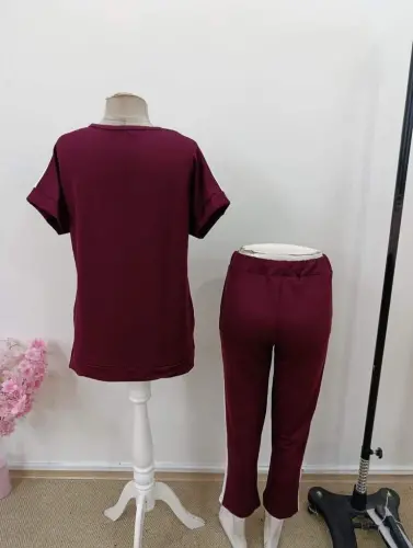 Kadın Kısa Kollu V Yakalı çift Renkli Viskon Iki Iplik Ikili Bluz Ve Pantolon Takım - 6