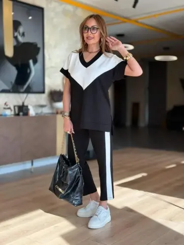 Kadın Kısa Kollu V Yakalı çift Renkli Viskon Iki Iplik Ikili Bluz Ve Pantolon Takım - BÜYÜKBEDENIZ (1)