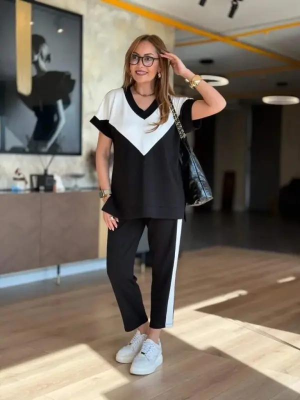 Kadın Kısa Kollu V Yakalı çift Renkli Viskon Iki Iplik Ikili Bluz Ve Pantolon Takım - 4