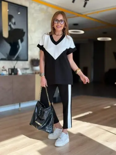 Kadın Kısa Kollu V Yakalı çift Renkli Viskon Iki Iplik Ikili Bluz Ve Pantolon Takım - 5