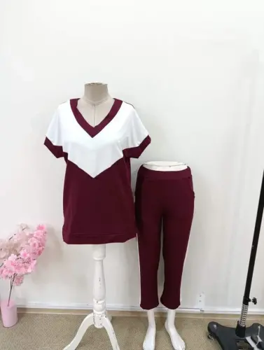 Kadın Kısa Kollu V Yakalı çift Renkli Viskon Iki Iplik Ikili Bluz Ve Pantolon Takım - 5