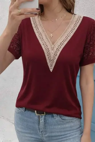 Kadın Kısa Kollu V Yakalı Dantel Detaylı Viskon Bluz - 4