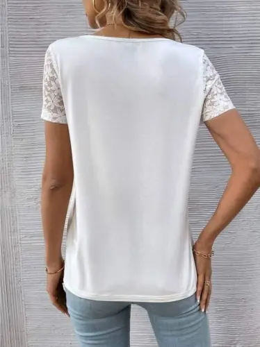 Kadın Kısa Kollu V Yakalı Dantelli Viskon Bluz - 3