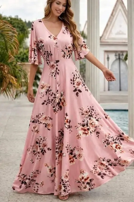 Kadın Kısa Kollu V Yakalı Desenli Süprem Elbise - 1