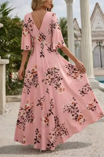 Kadın Kısa Kollu V Yakalı Desenli Süprem Elbise - 3